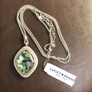 LUCKY BRAND Abalone and Mother of Pearl Pendant on 30” Silver Woven Chain NWT